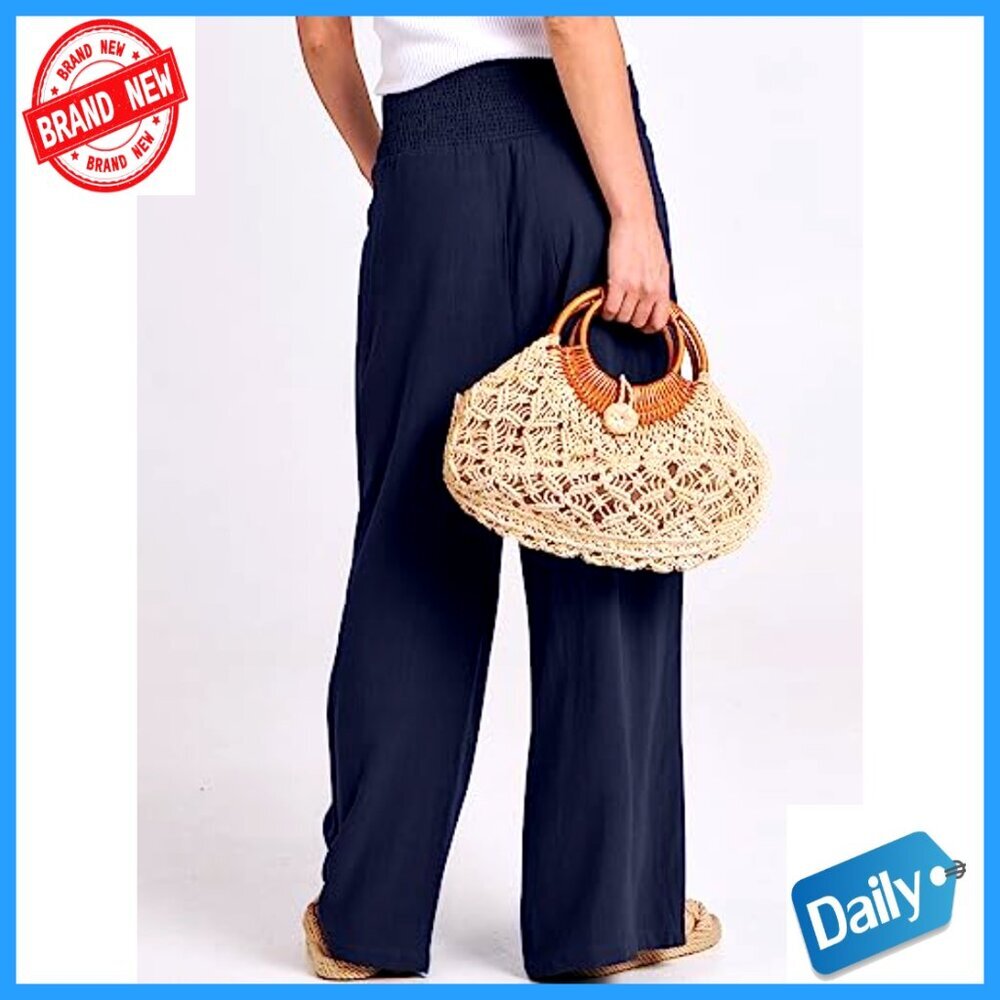 Linen Palazzo Pants Wide Leg High Waist Casual Lounge Pants - Picture 5 of 7